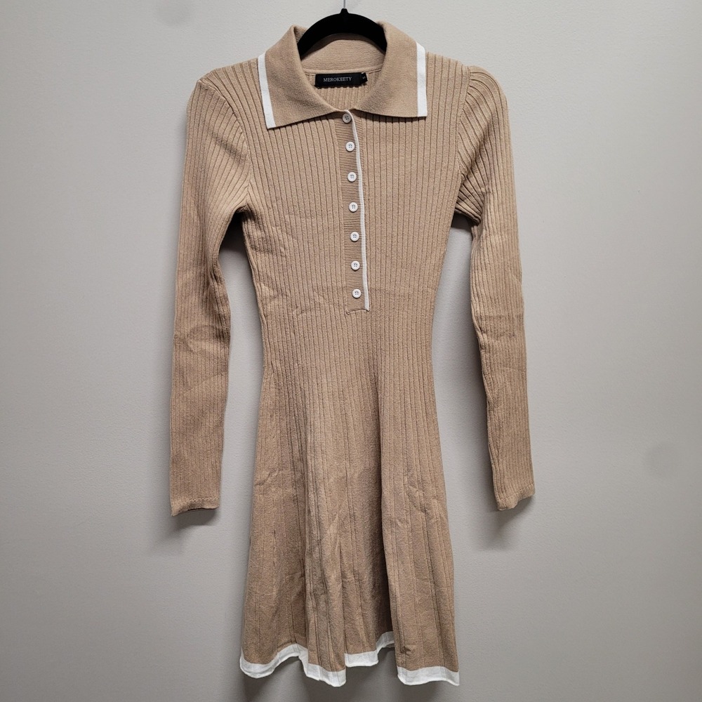 MEROKEETY Tan Ribbed Knit Long Sleeve Polo Mini Dress White Trim Small